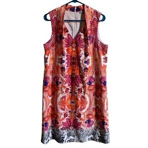 Antonio Melani Dress 10 Orange Blue Floral Sleeveless V-Neck Lined Belt Loops